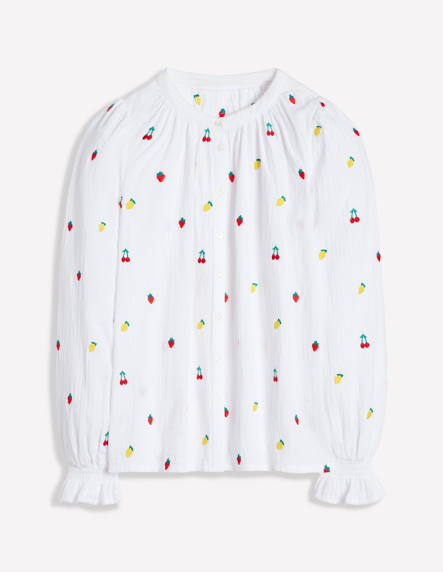 Evie Double Cloth Top-White, Embroidered Fruit