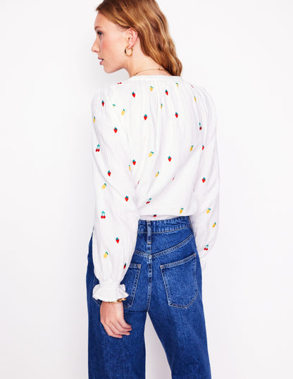 Evie Double Cloth Top-White, Embroidered Fruit