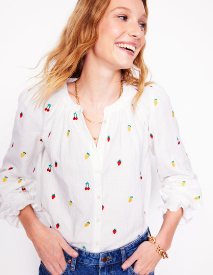 Evie Double Cloth Top-White, Embroidered Fruit