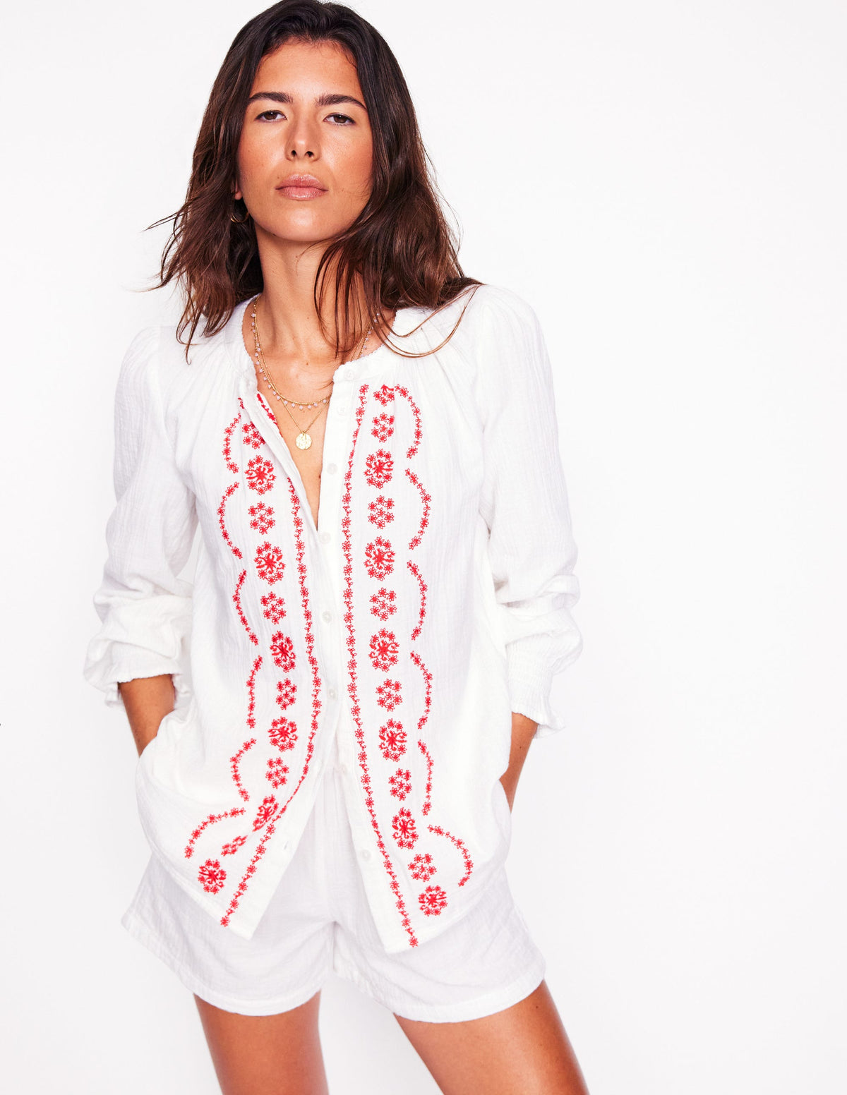 Evie Double Cloth Top-White, Red Embroidery - Image 3