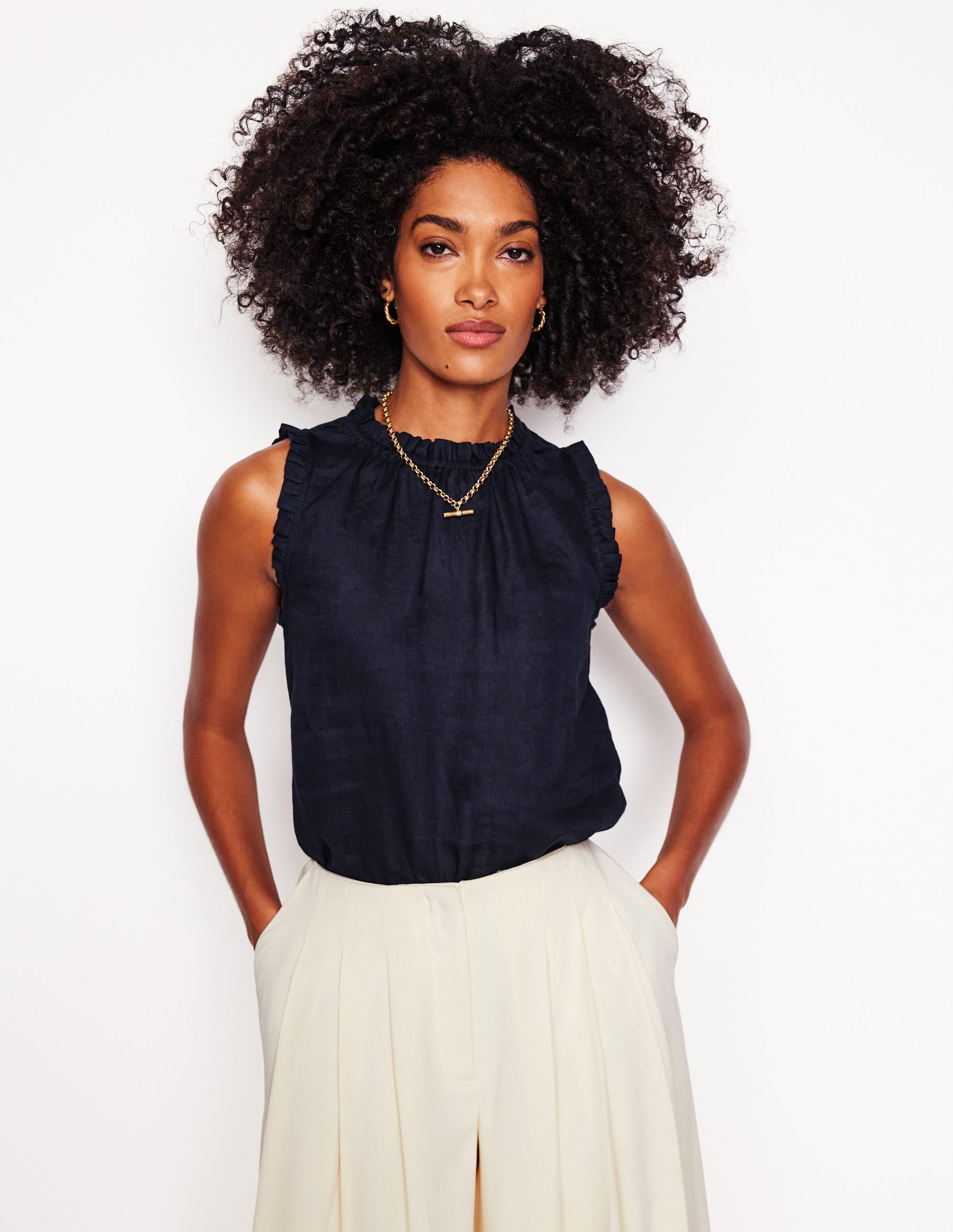 Sophie Ruffle Linen Top-Navy - Image 4