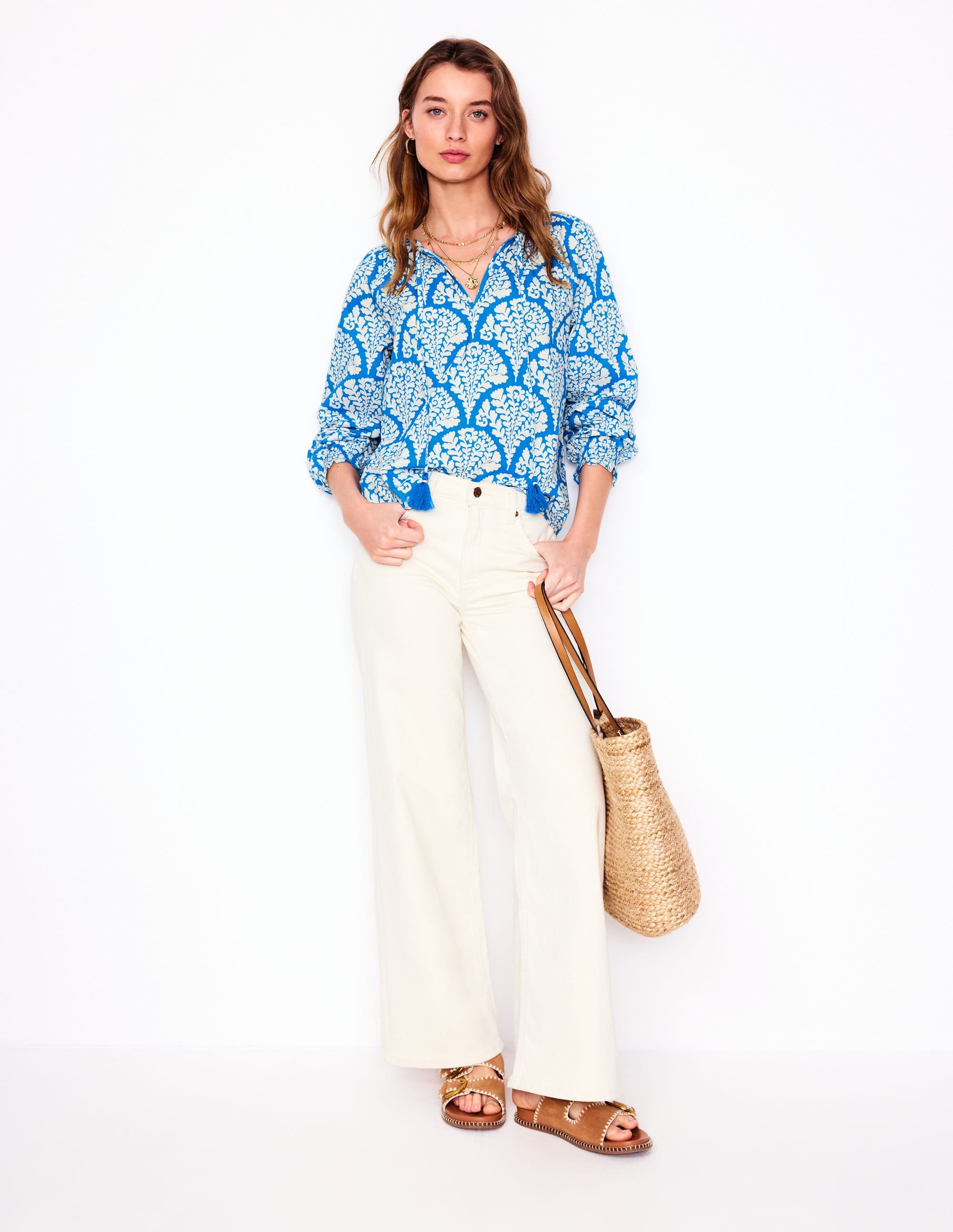 Easy Cotton Blouse-Cerulean Blue, Blossomy - Image 1