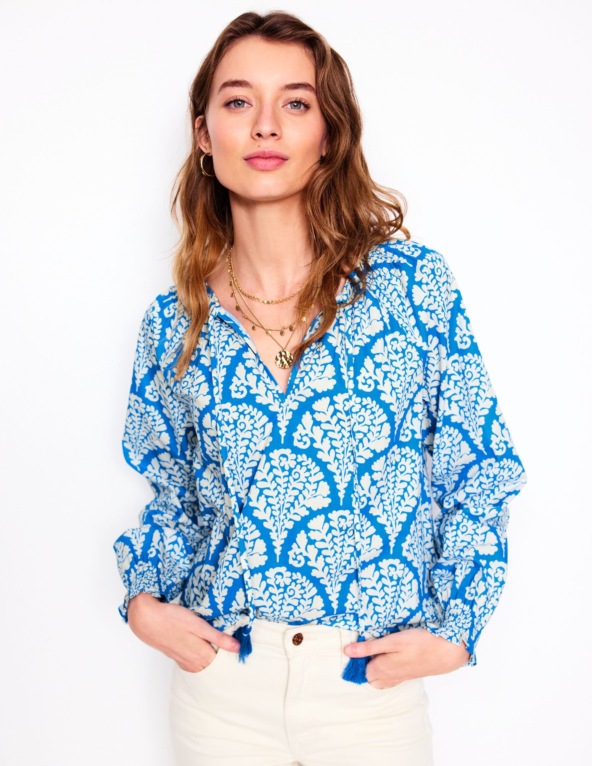 Easy Cotton Blouse-Cerulean Blue, Blossomy - Image 4