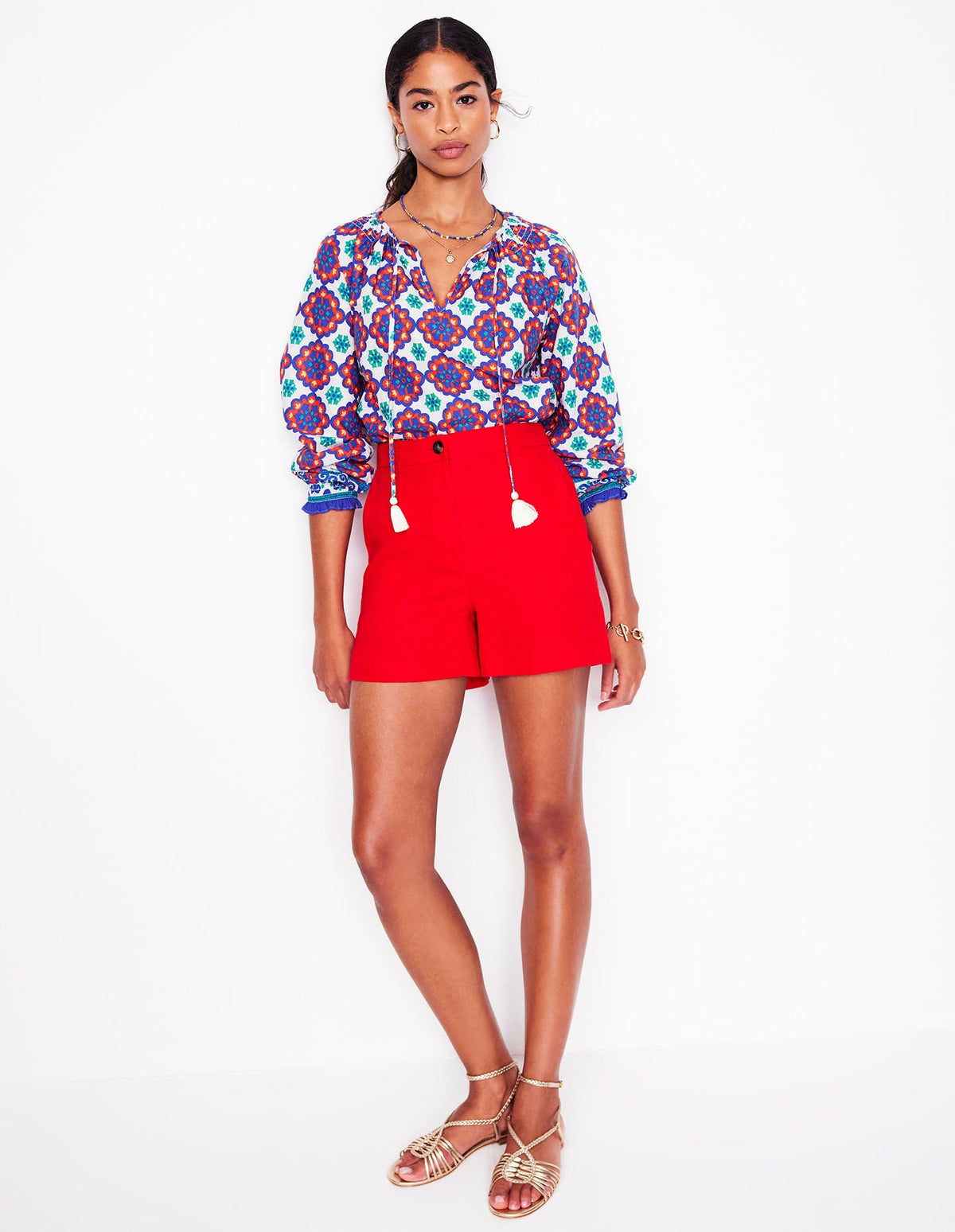 Easy Cotton Blouse-Bright Blue, Bloom Geo - Image 3