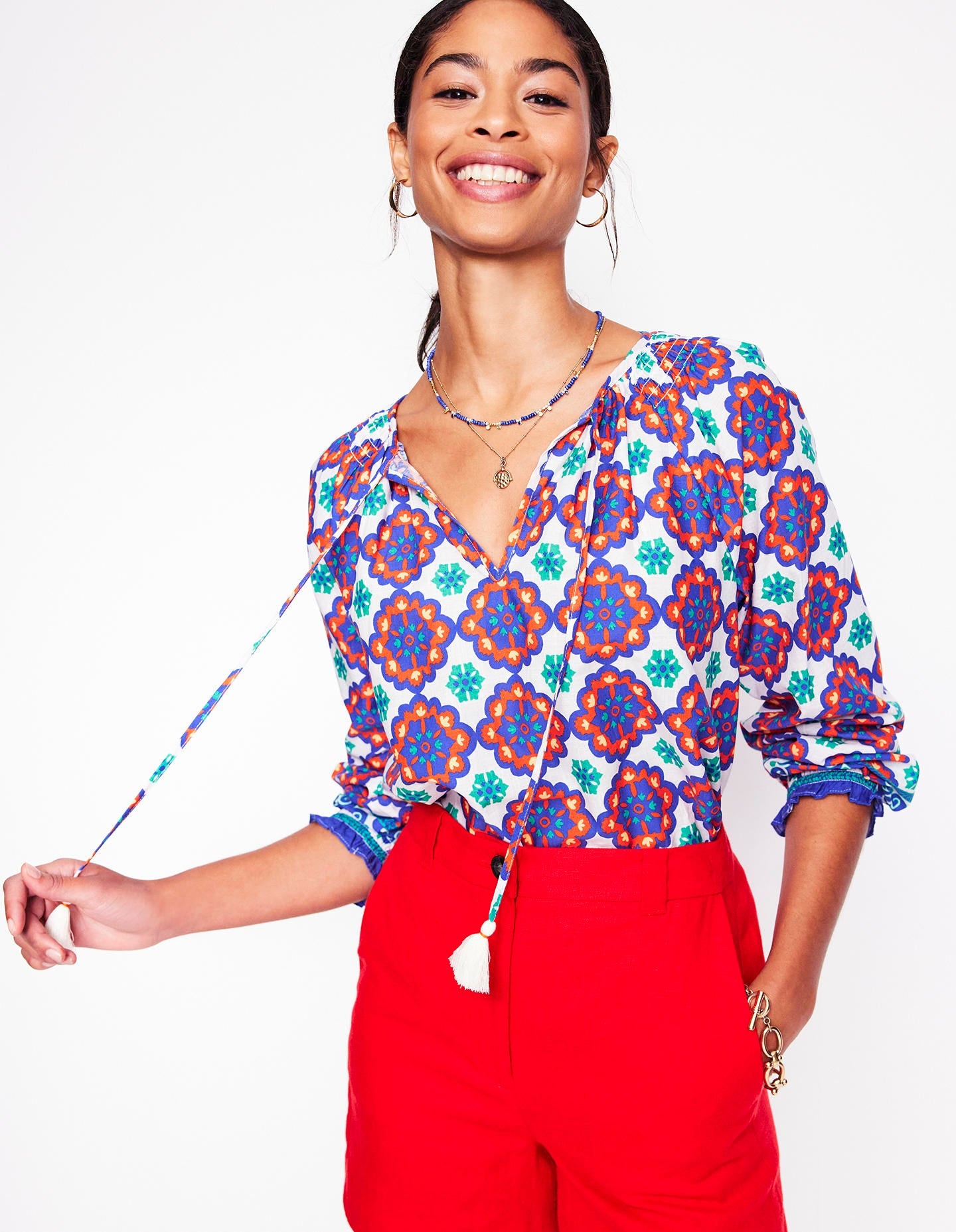 Easy Cotton Blouse-Bright Blue, Bloom Geo - Image 6