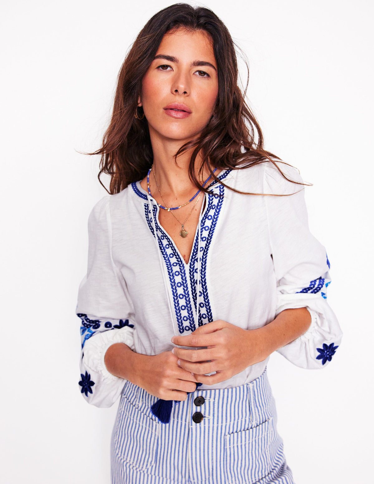 Nia Embroidered Top-White, Blue - Image 3