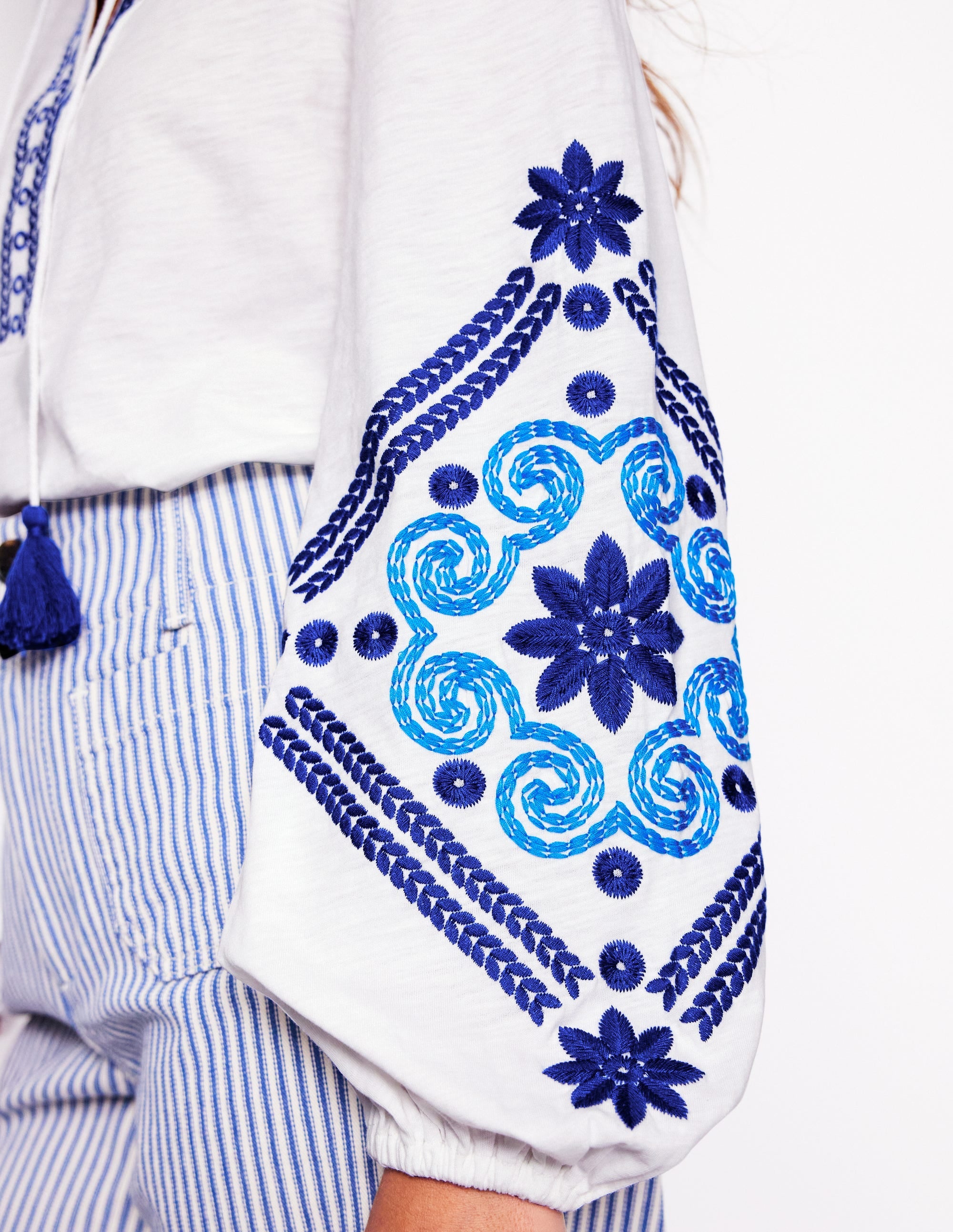 Nia Embroidered Top-White, Blue - Image 5