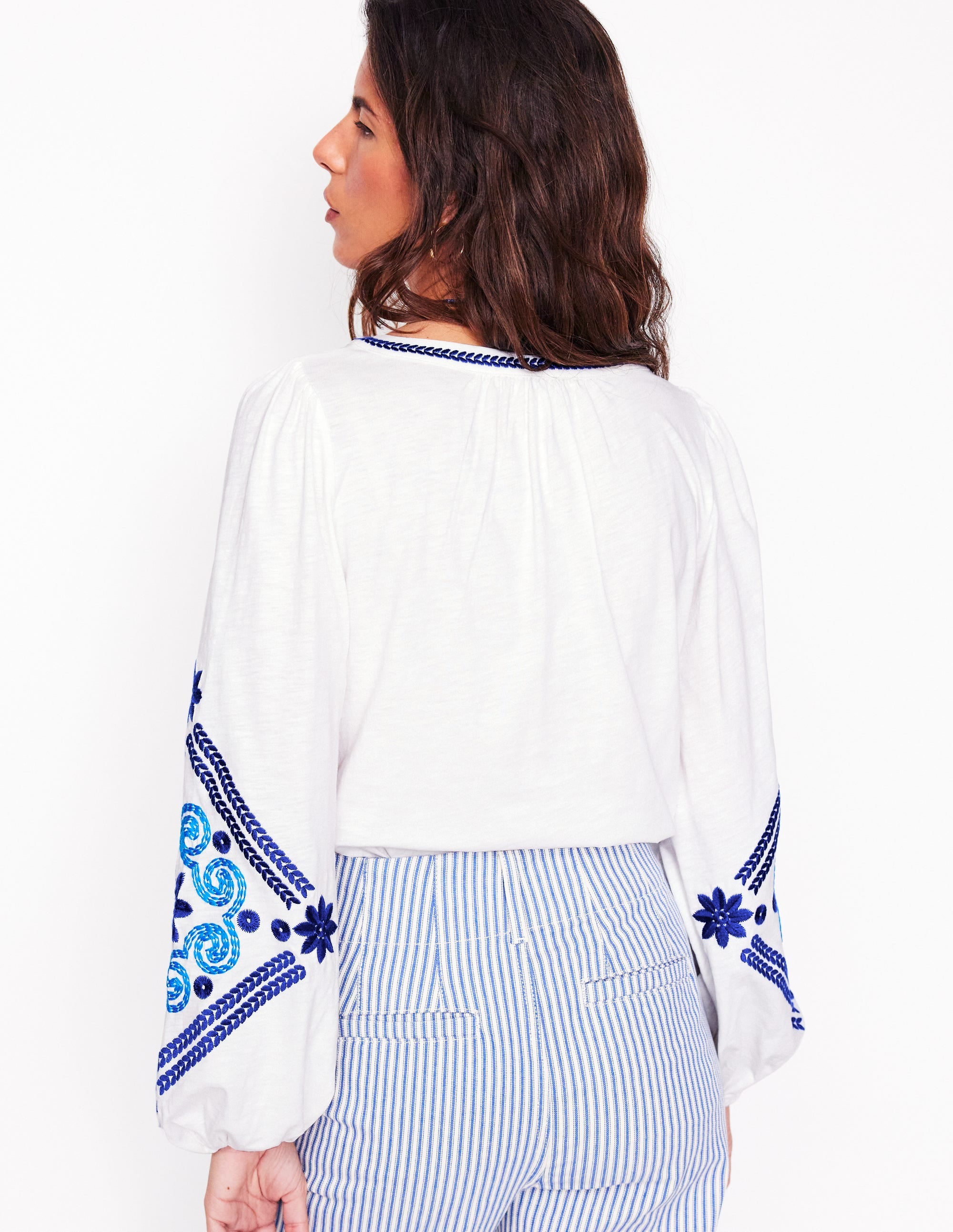 Nia Embroidered Top-White, Blue - Image 6