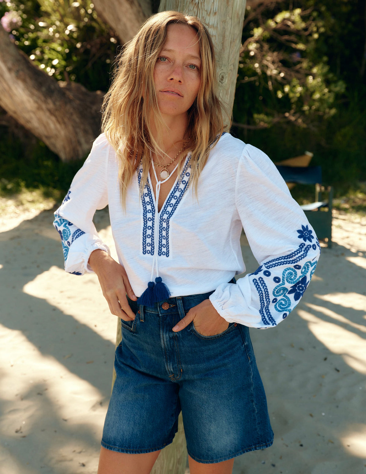 Nia Embroidered Top-White, Blue - Image 2