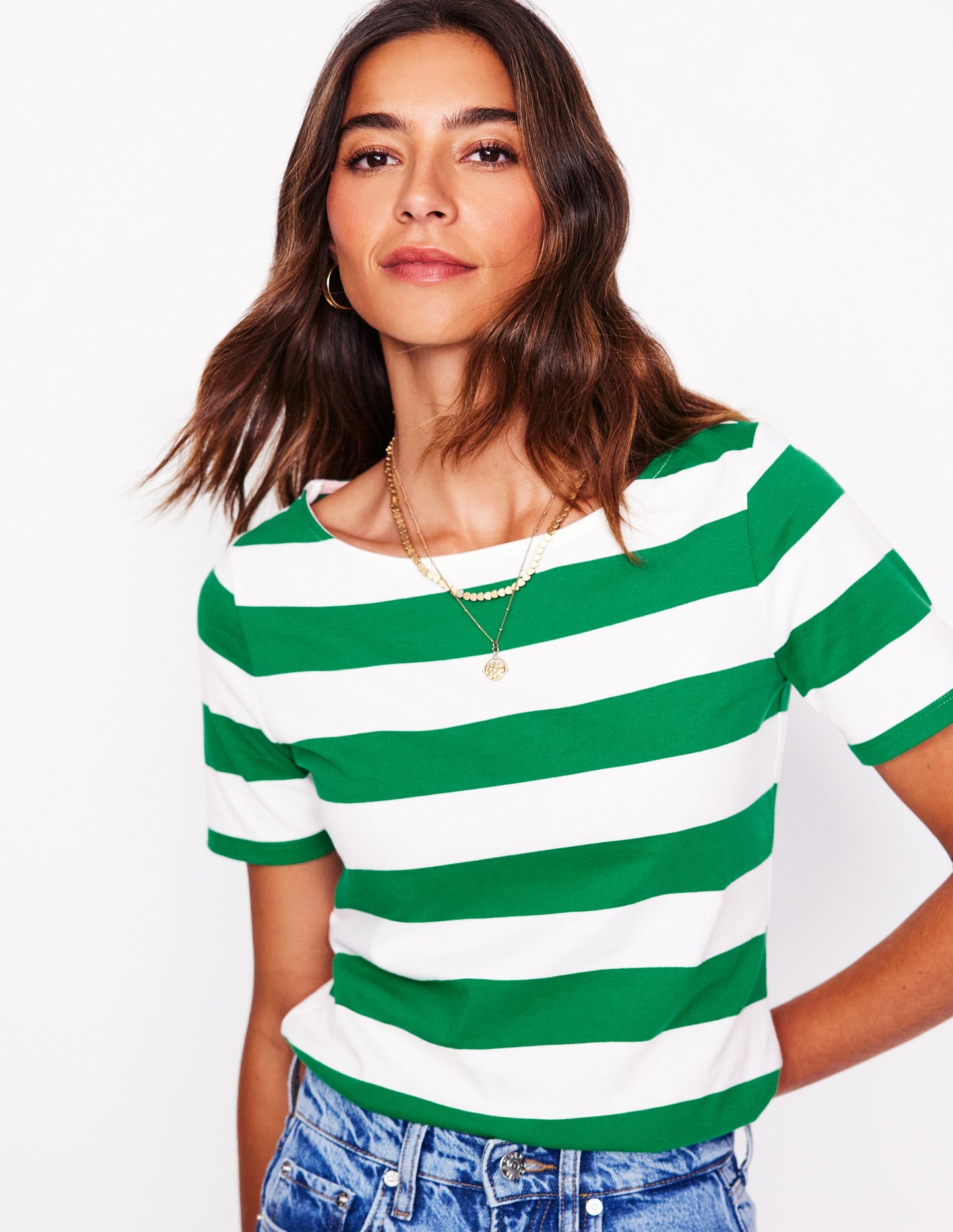 Ella Short Sleeve Breton-Ivory, Rich Emerald