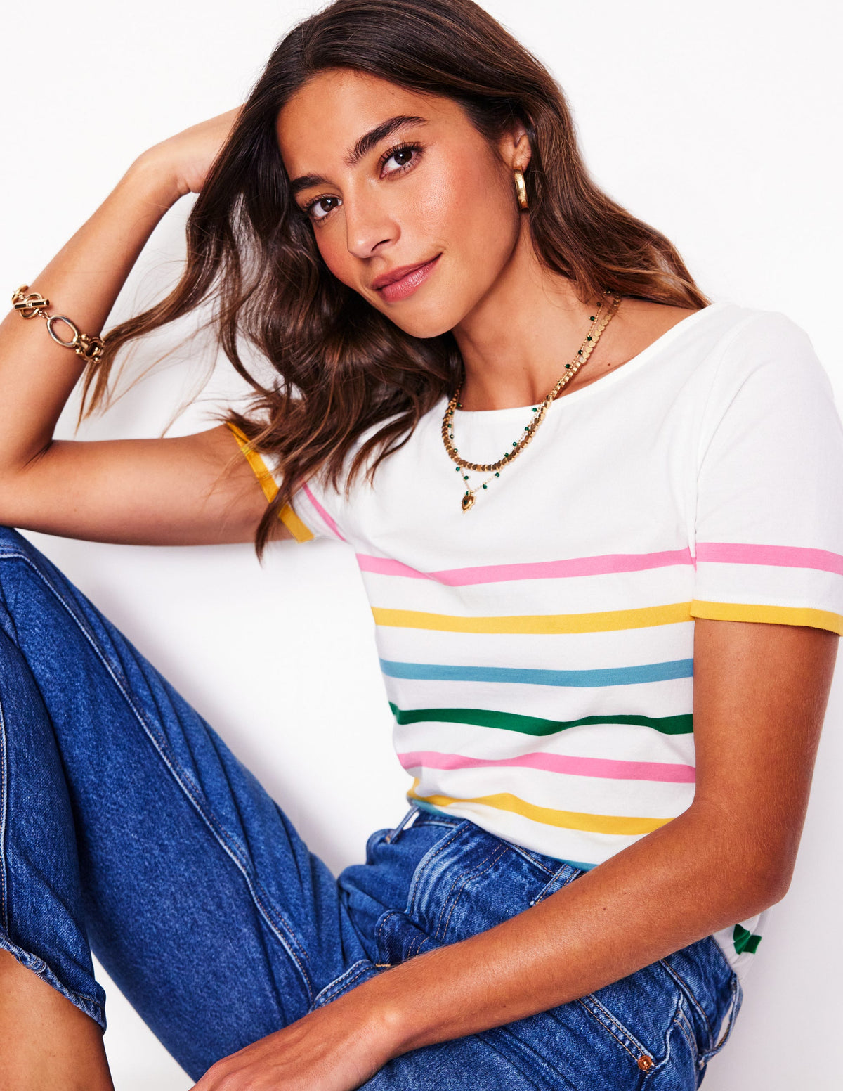 Ella Short Sleeve Breton-Pink, Yellow Placement Stripe - Image 1