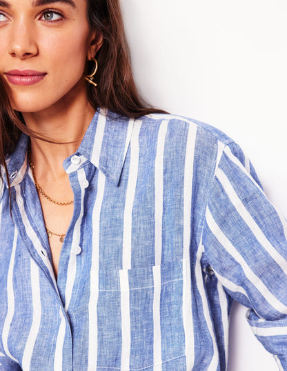 Sadie Relaxed Linen Shirt-Bright Blue Woven Breton