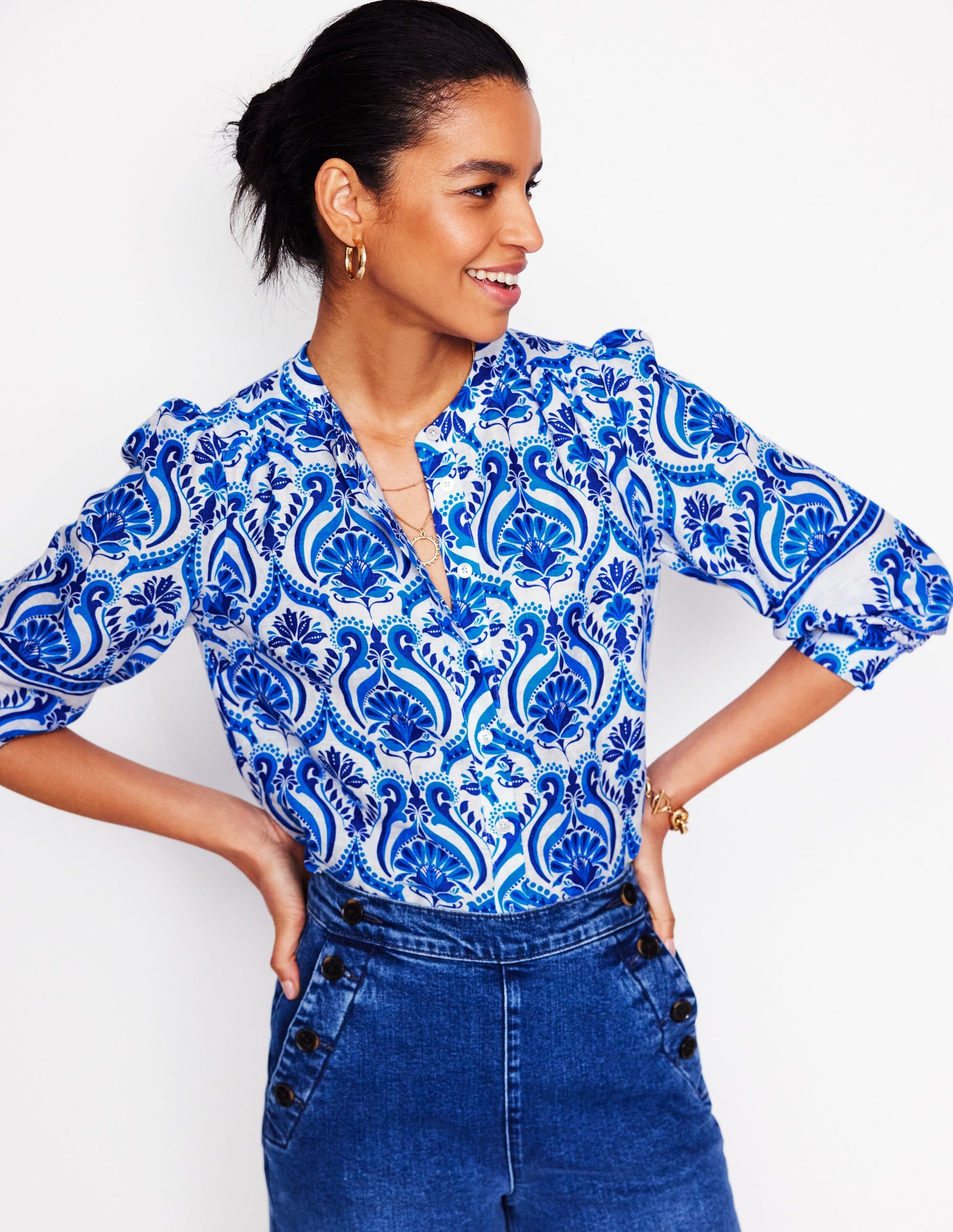 Alicia Linen Top-Blue, Ornamental Floral - Image 3