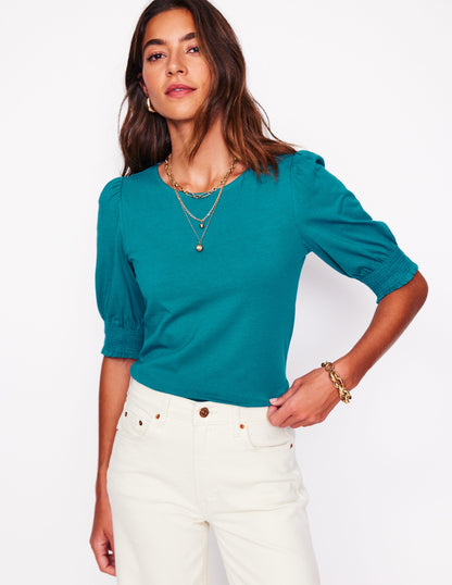 Short Sleeve Smocked Cuff Top-Deep Sea Green