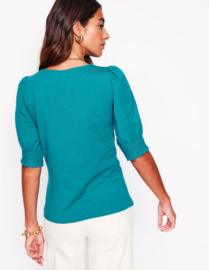 Short Sleeve Smocked Cuff Top-Deep Sea Green