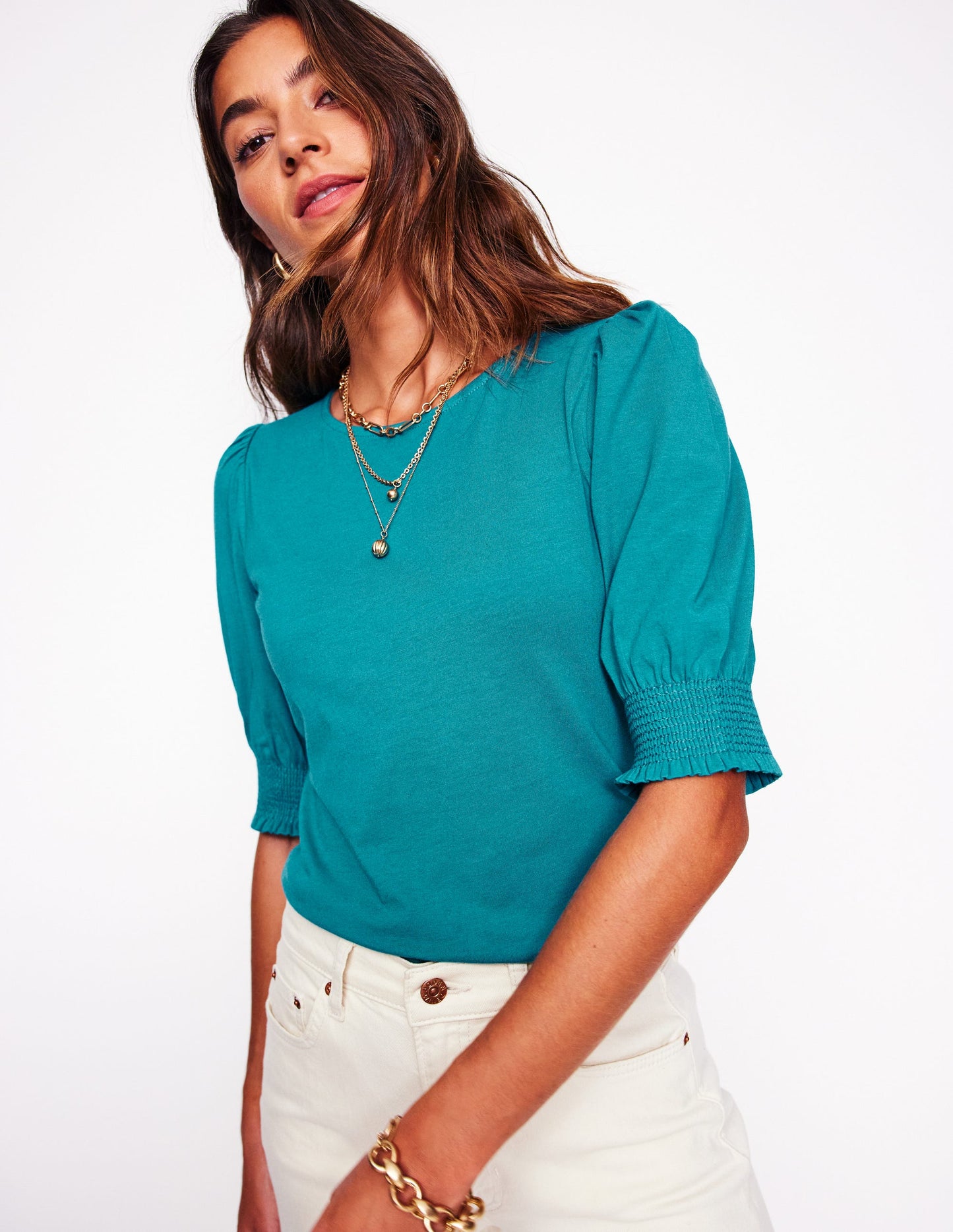 Short Sleeve Smocked Cuff Top-Deep Sea Green