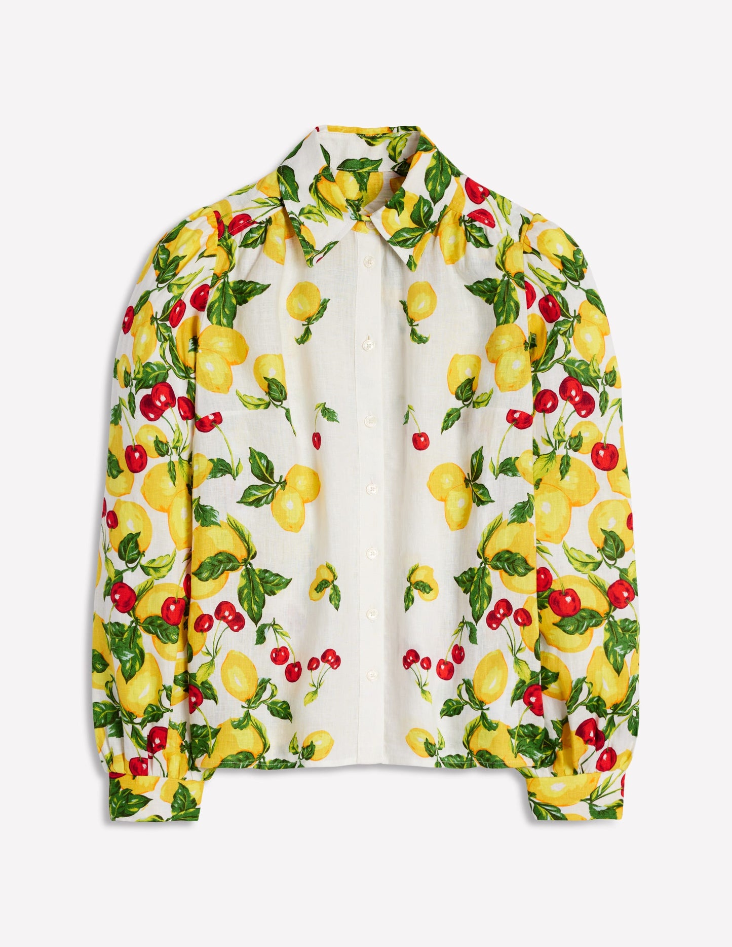 Placement Print Linen Shirt-Ivory, Cherries and Lemons