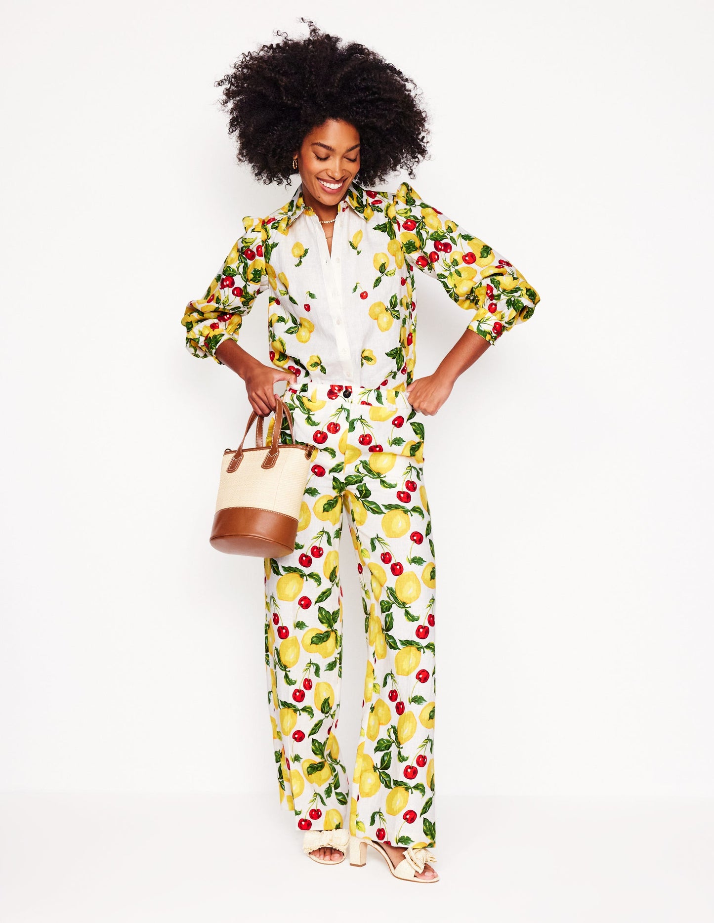 Placement Print Linen Shirt-Ivory, Cherries and Lemons