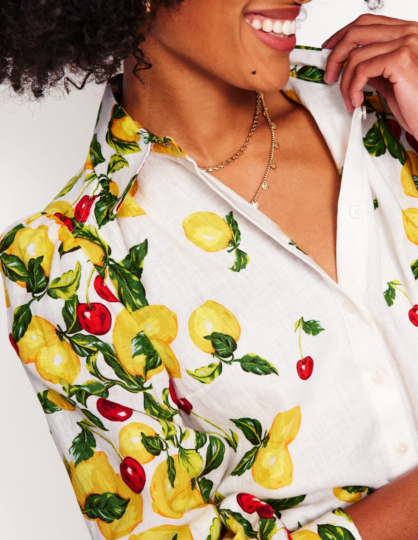 Placement Print Linen Shirt-Ivory, Cherries and Lemons