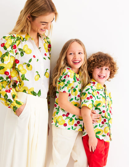 Placement Print Linen Shirt-Ivory, Cherries and Lemons