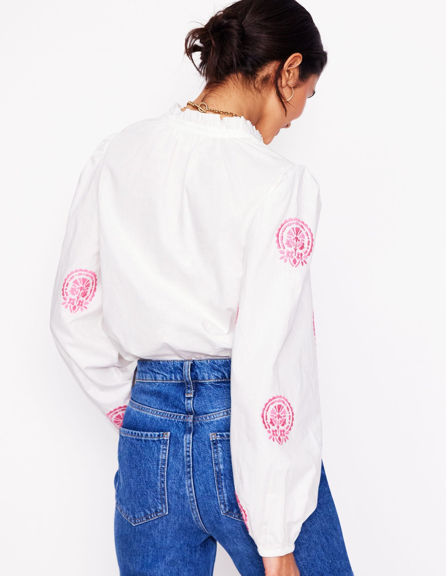 Embroidered Cotton Top-White, Pink Embroidery