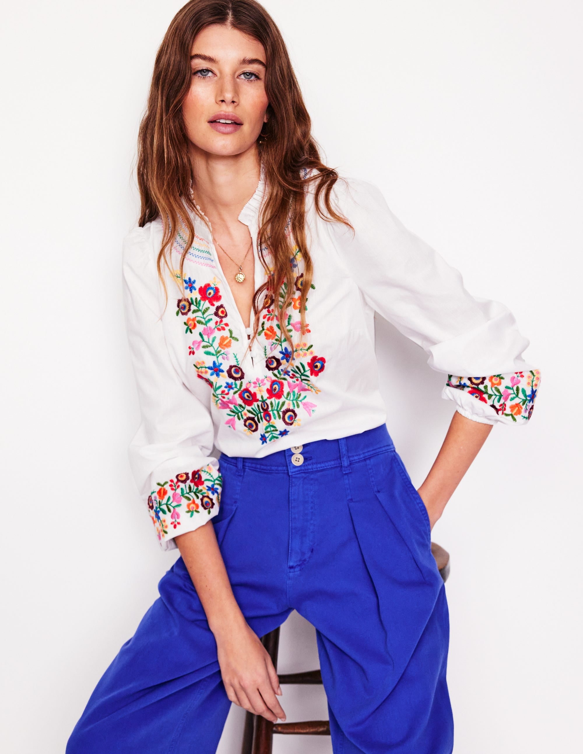 Embroidered Cotton Top-White, Multi Embroidery - Image 1