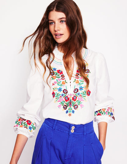 Embroidered Cotton Top-White, Multi Embroidery