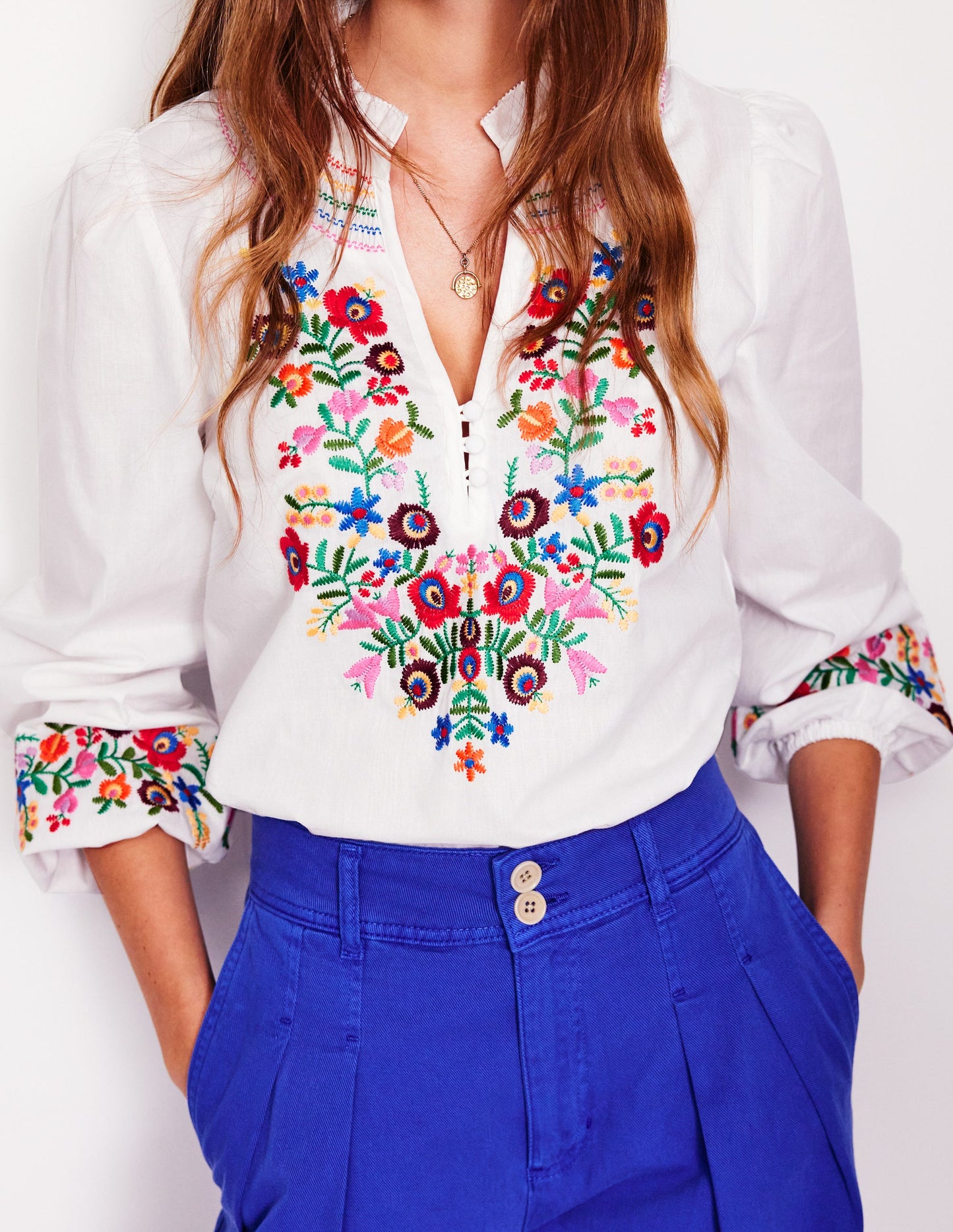 Embroidered Cotton Top-White, Multi Embroidery