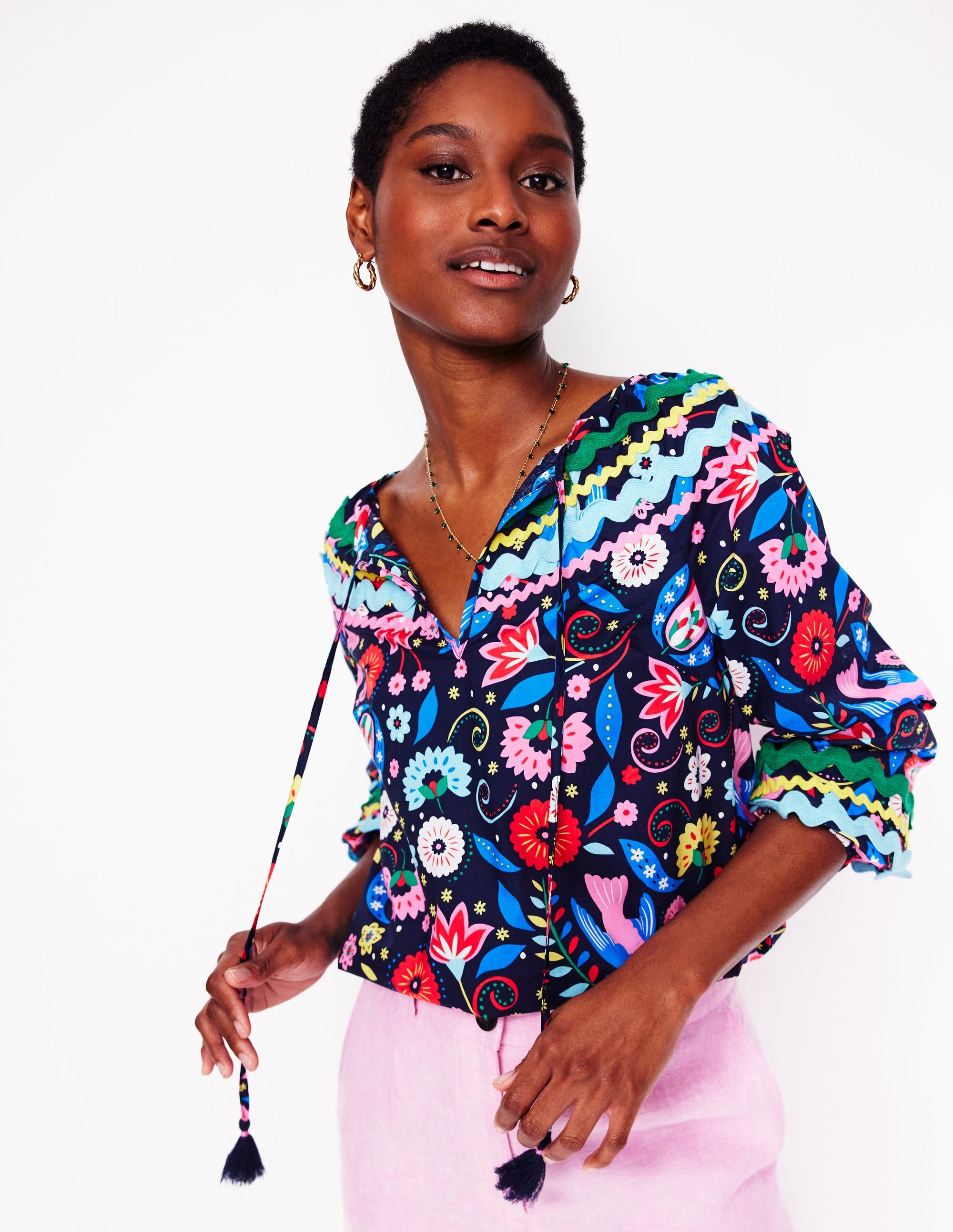 Smocked Cotton Blouse-French Navy, Decorative Garden - Image 1