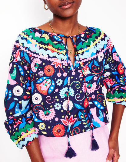 Smocked Cotton Blouse-French Navy, Decorative Garden-2