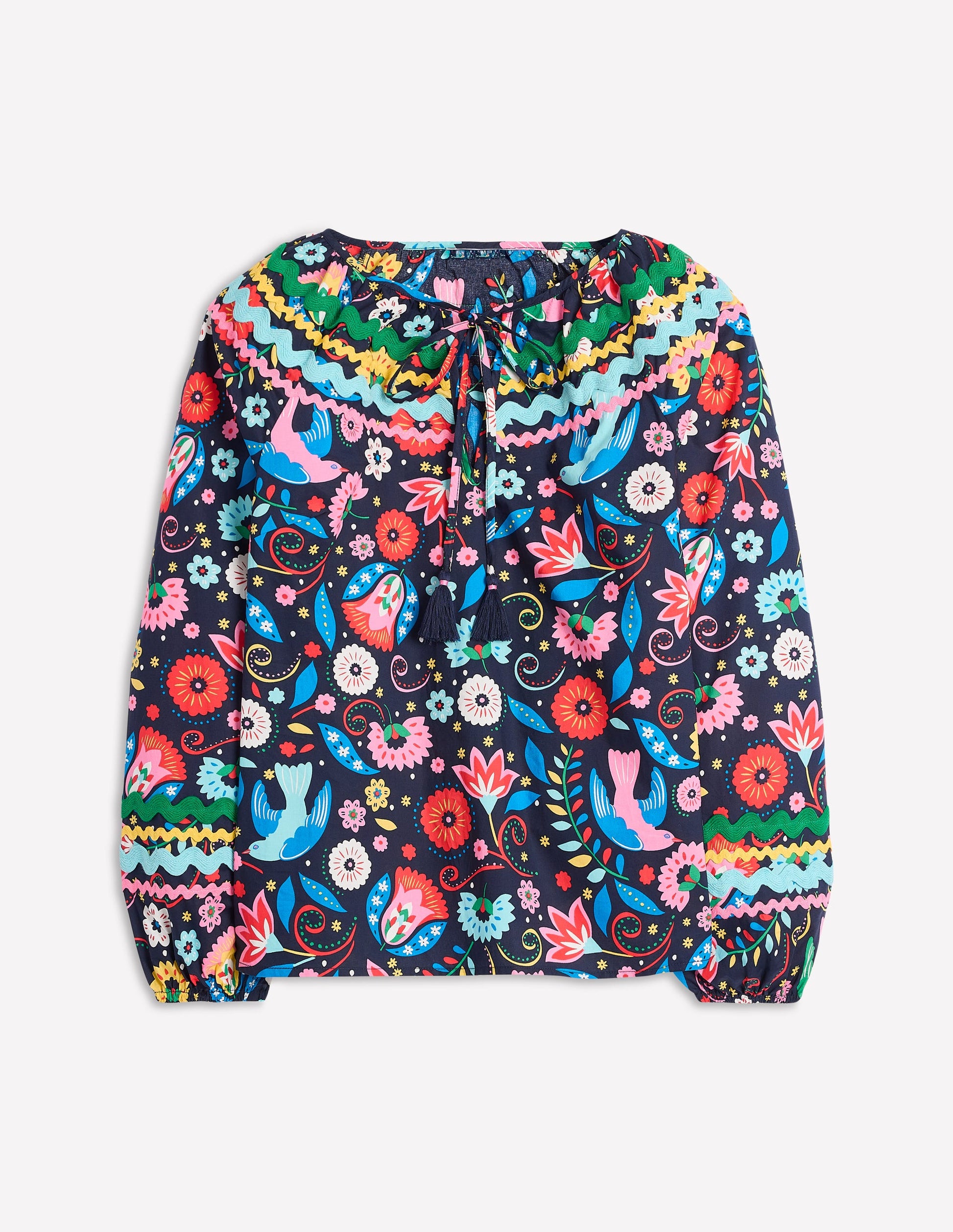 Smocked Cotton Blouse-French Navy, Decorative Garden-5