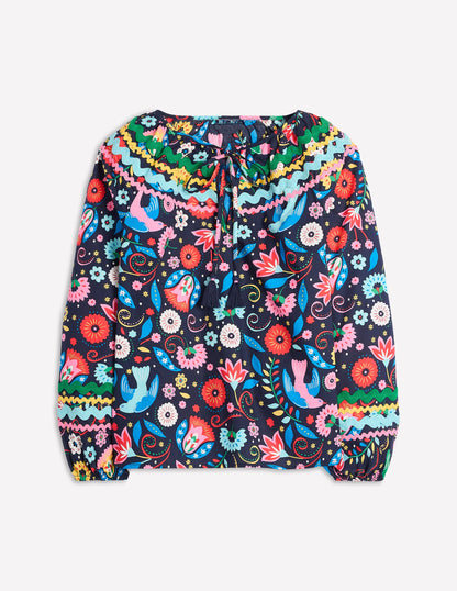 Smocked Cotton Blouse-French Navy, Decorative Garden-5