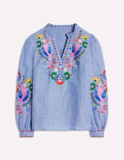 Grace Linen Top-Chambray, Embroidered Birds