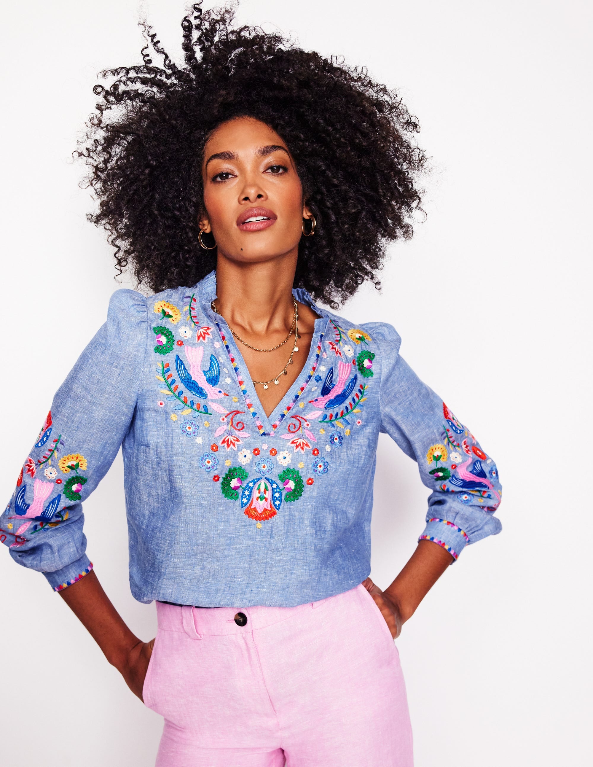 Grace Linen Top-Chambray, Embroidered Birds - Image 1