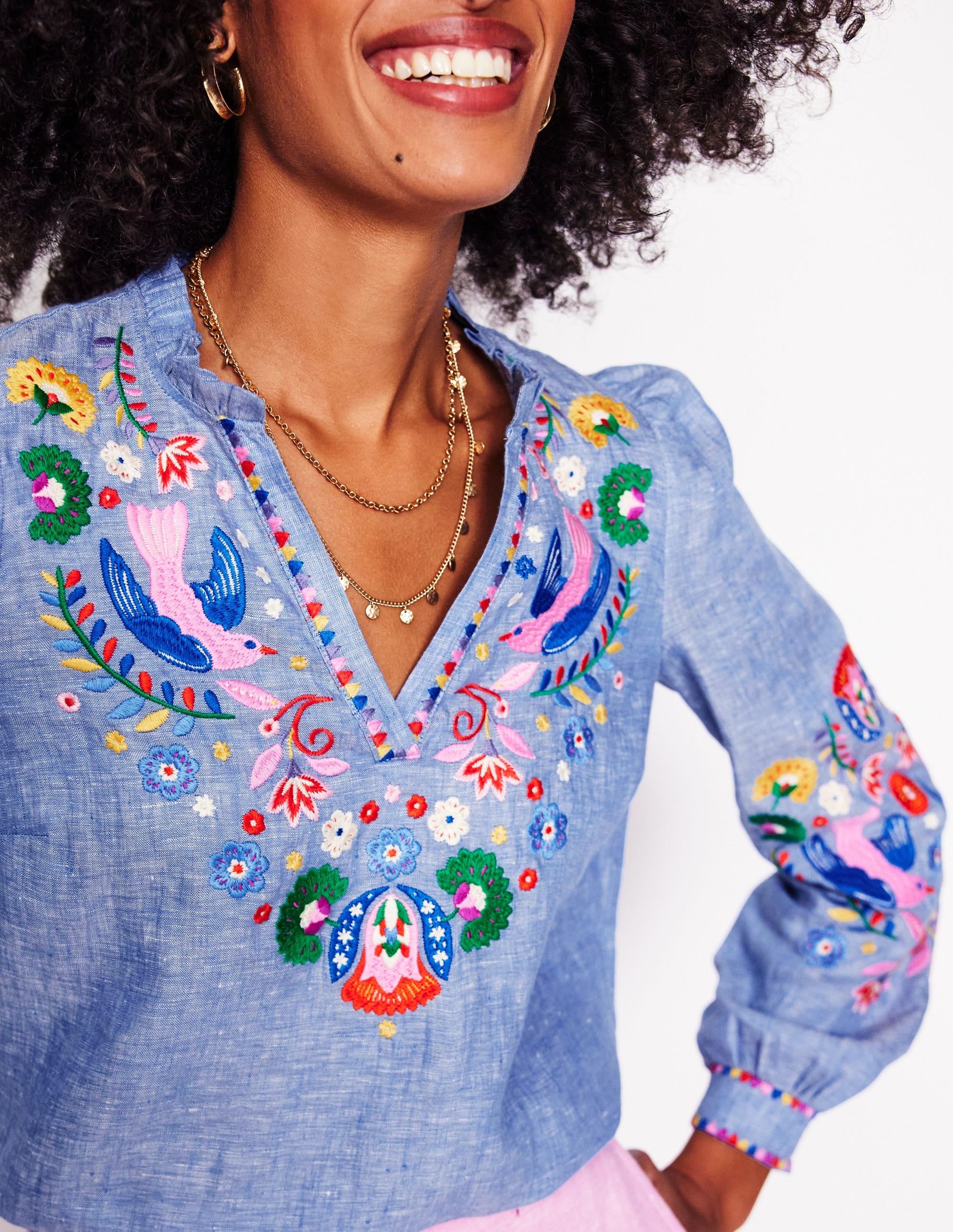 Grace Linen Top-Chambray, Embroidered Birds - Image 3