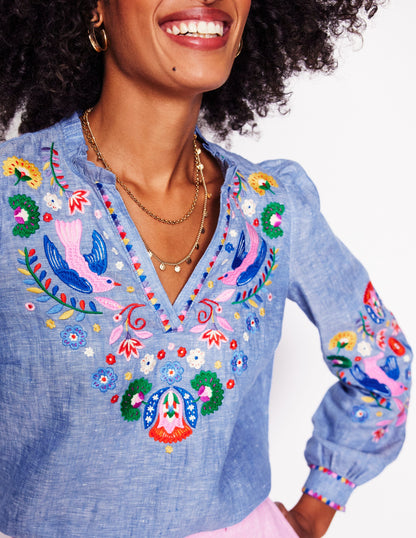 Grace Linen Top-Chambray, Embroidered Birds