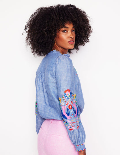 Grace Linen Top-Chambray, Embroidered Birds