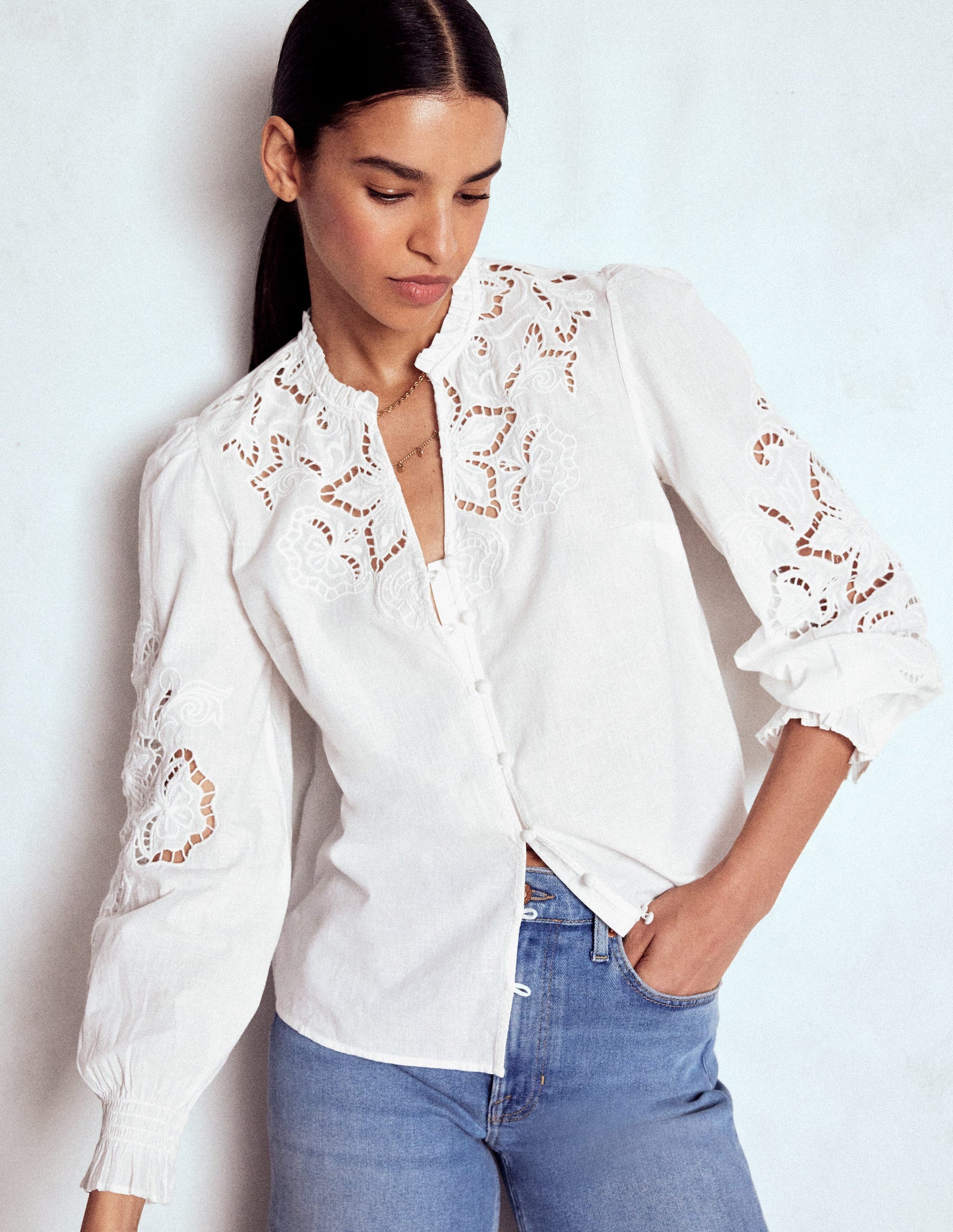 Cutwork Embroidered Blouse-White-4