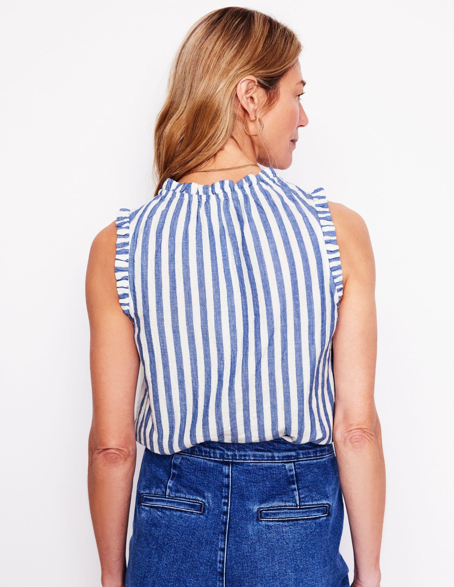 Sophie Ruffle Double Cloth Top-Bright Blue Stripe