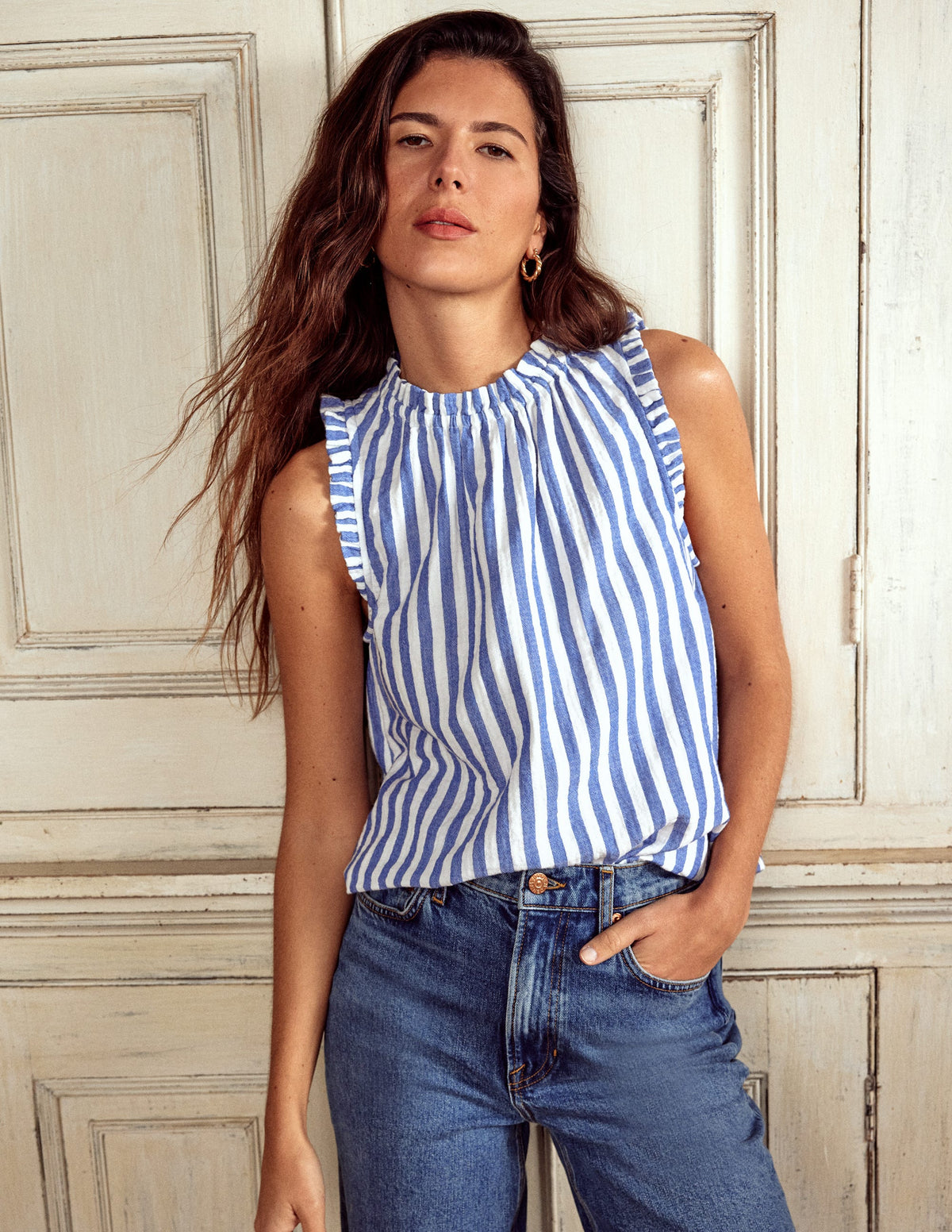 Sophie Ruffle Double Cloth Top-Bright Blue Stripe - Image 6