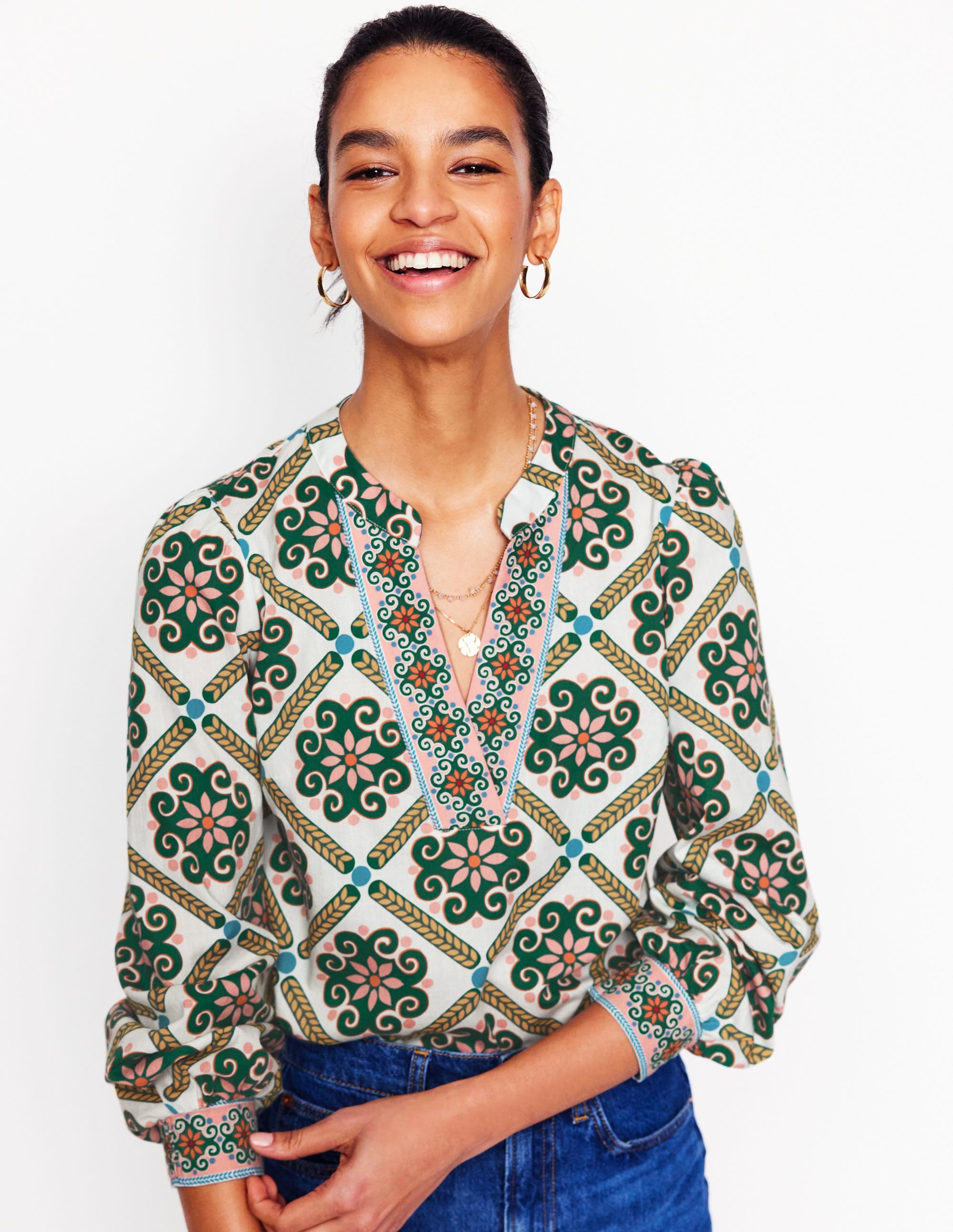 Cotton Notch Neck Top-Ivory, Baroque Tile - Image 1