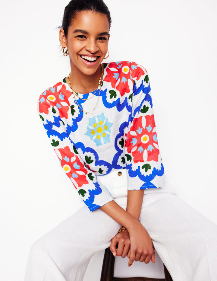 Fluted Sleeve Linen Top-Ivory, Bloom Geo