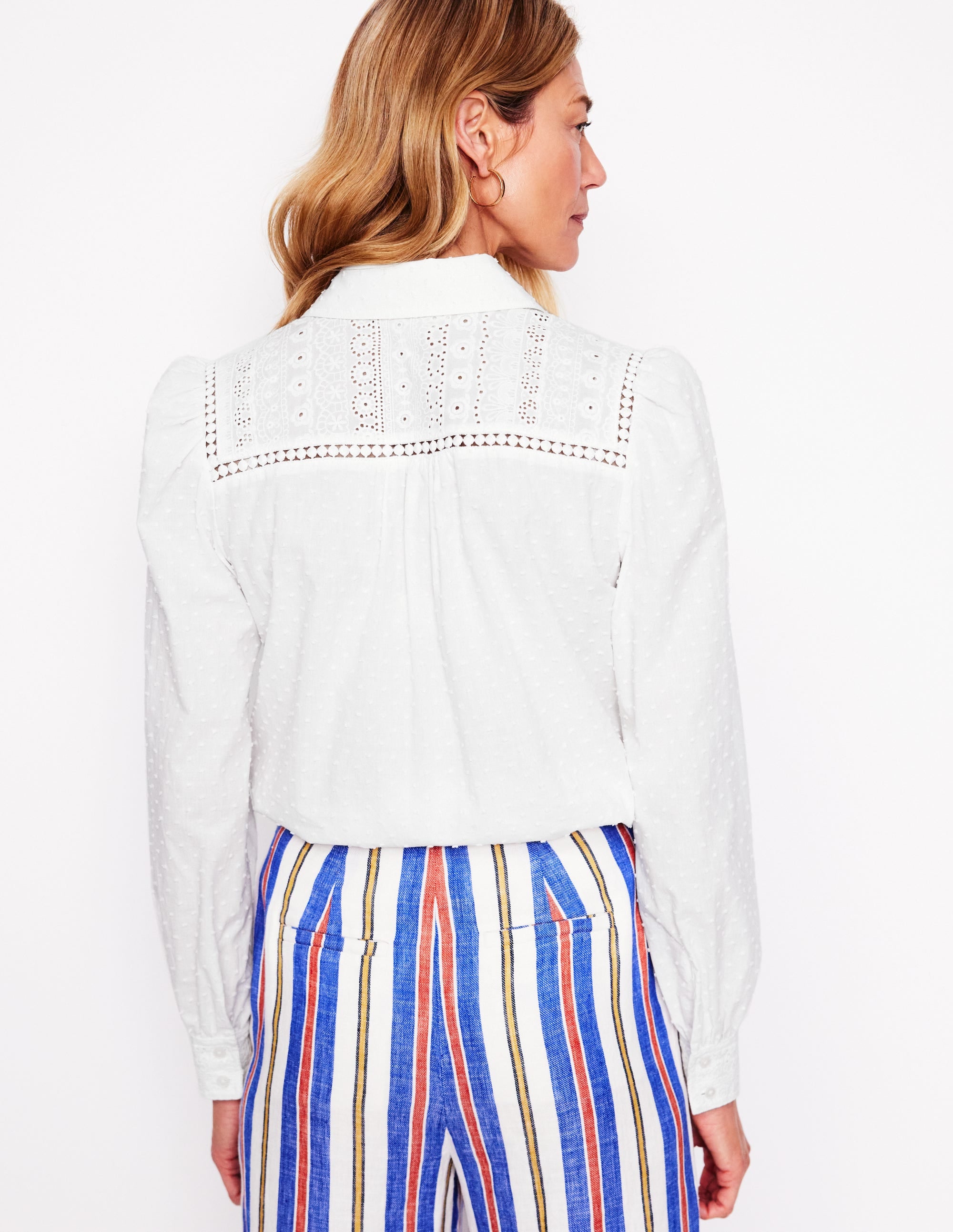 Broderie Contrast Yoke Shirt-White - Image 3
