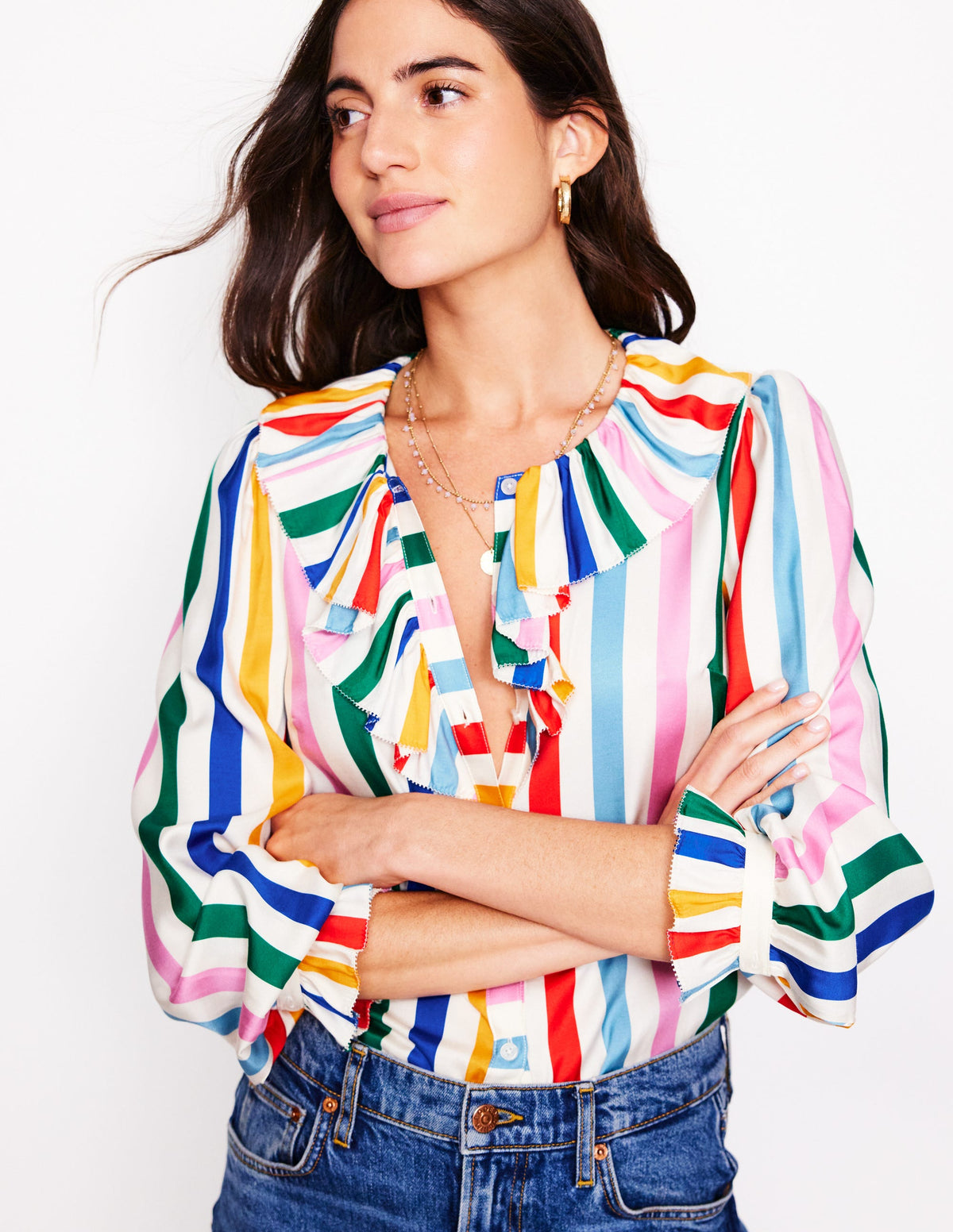 Ruffle Collar Silk Blend Top-Mauve, Strawberry Tart Rainbow - Image 3