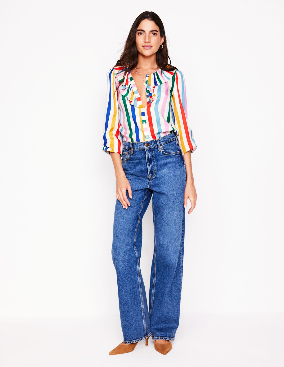 Ruffle Collar Silk Blend Top-Mauve, Strawberry Tart Rainbow - Image 6