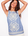Embroidered Linen Blend Top-Chambray