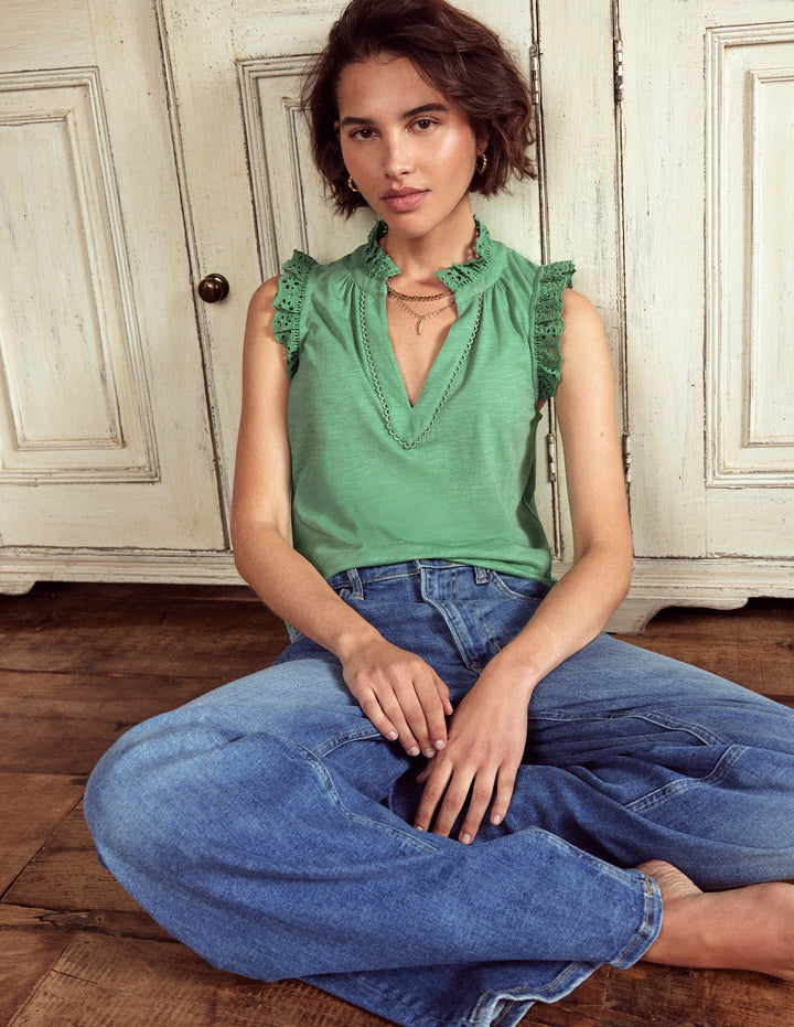 Aria Broderie Trim Vest-Aloe Green