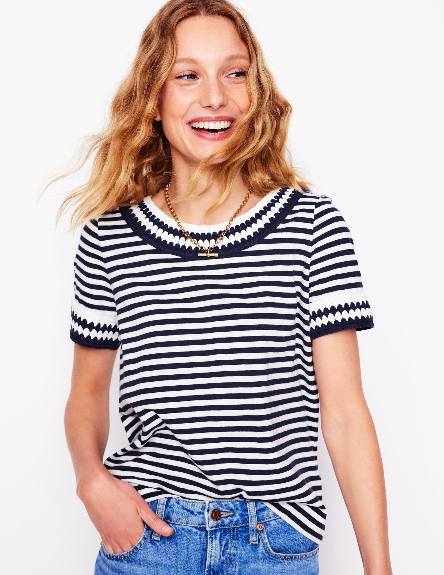 Fae Crochet T-shirt-Ivory, Navy