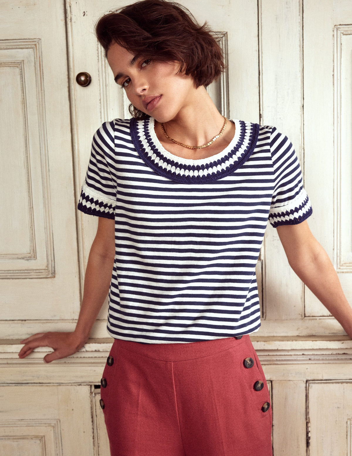 Fae Crochet T-shirt-Ivory, Navy - Image 1