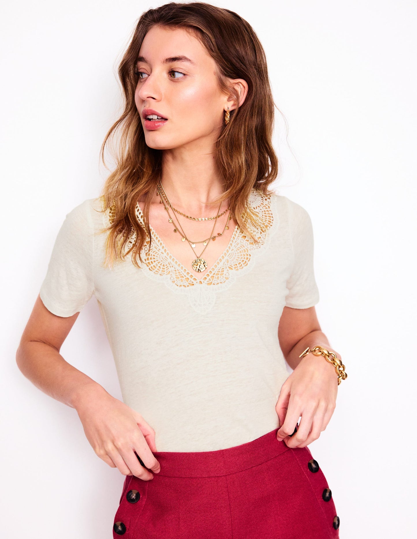 Lace Trim Linen T-shirt-Ivory